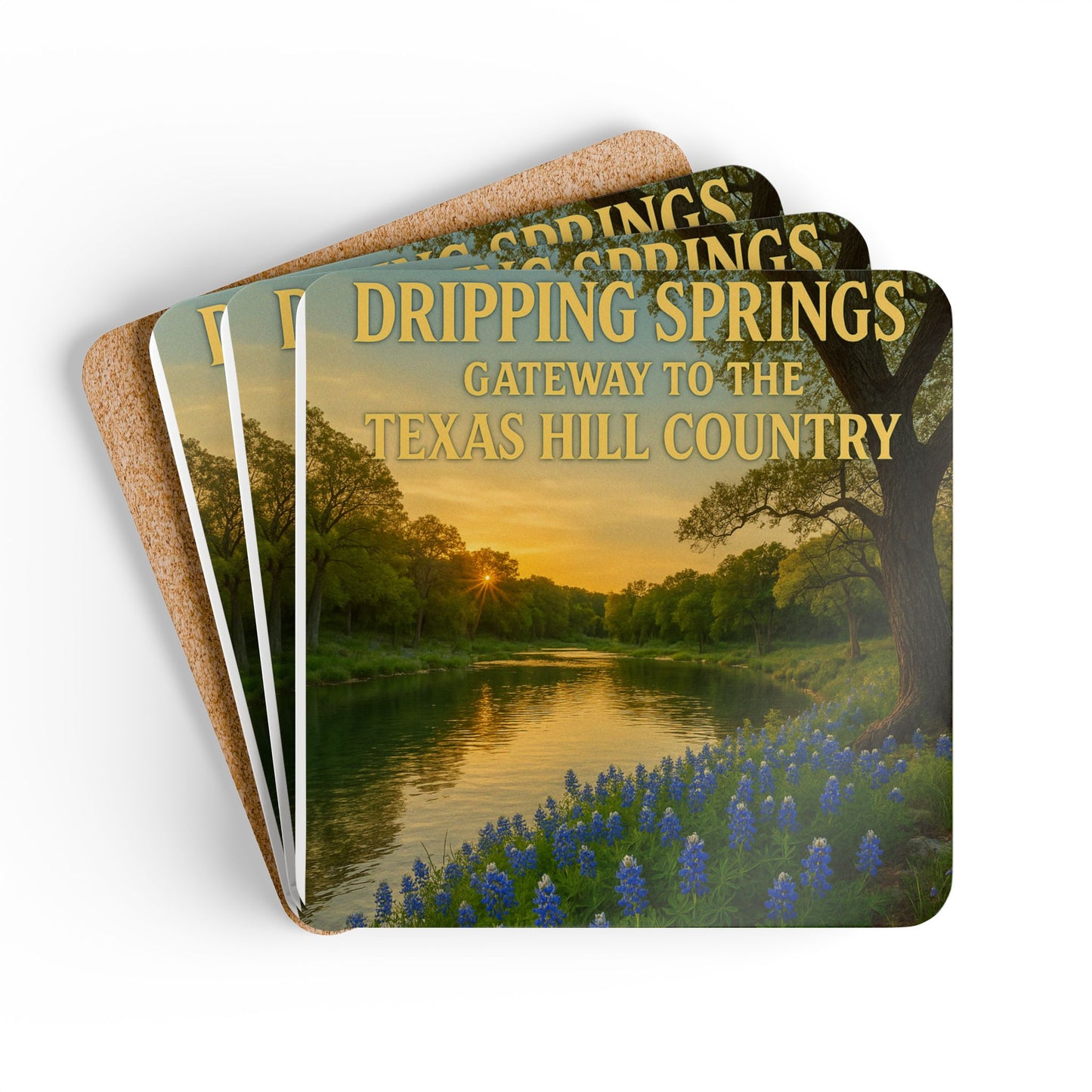 Dripping Springs Texas Hill Country Cork Coaster Set — Scenic Bluebonnet River Design