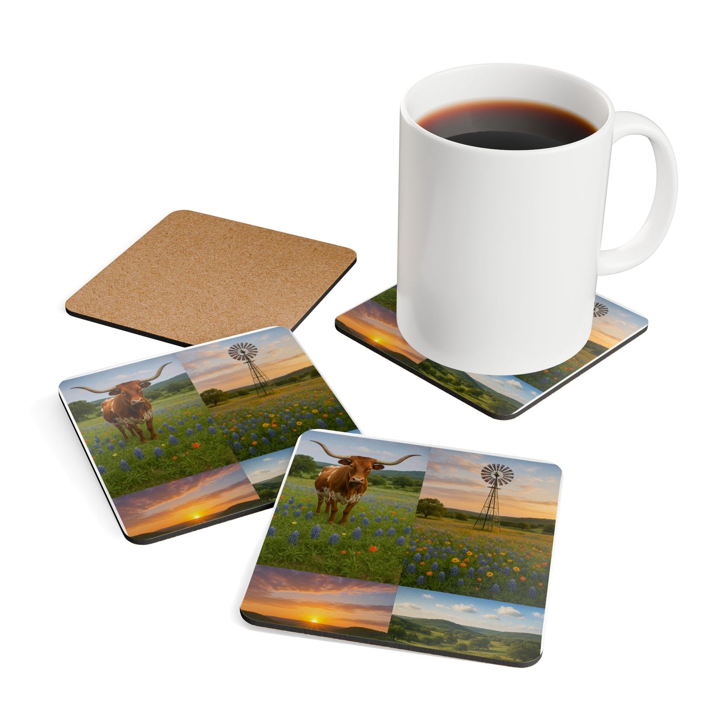 Texas Coaster Set — Hill Country Longhorn & Windmill Cork Drink Coasters