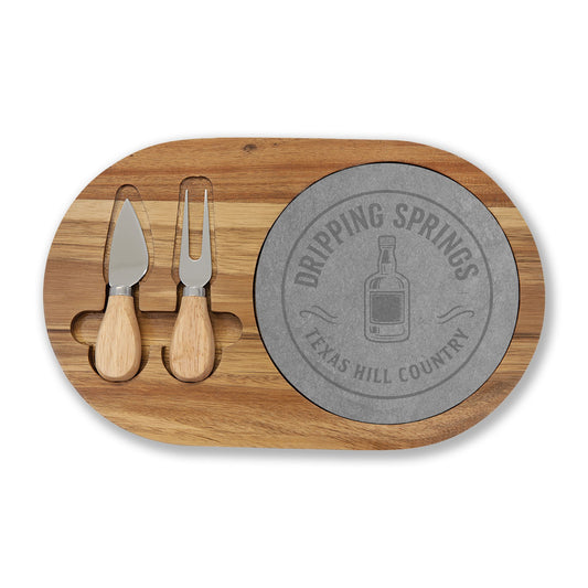 Engraved Acacia Charcuterie Board with Slate Inlay & Cheese Tools — Personalized Hostess Gift