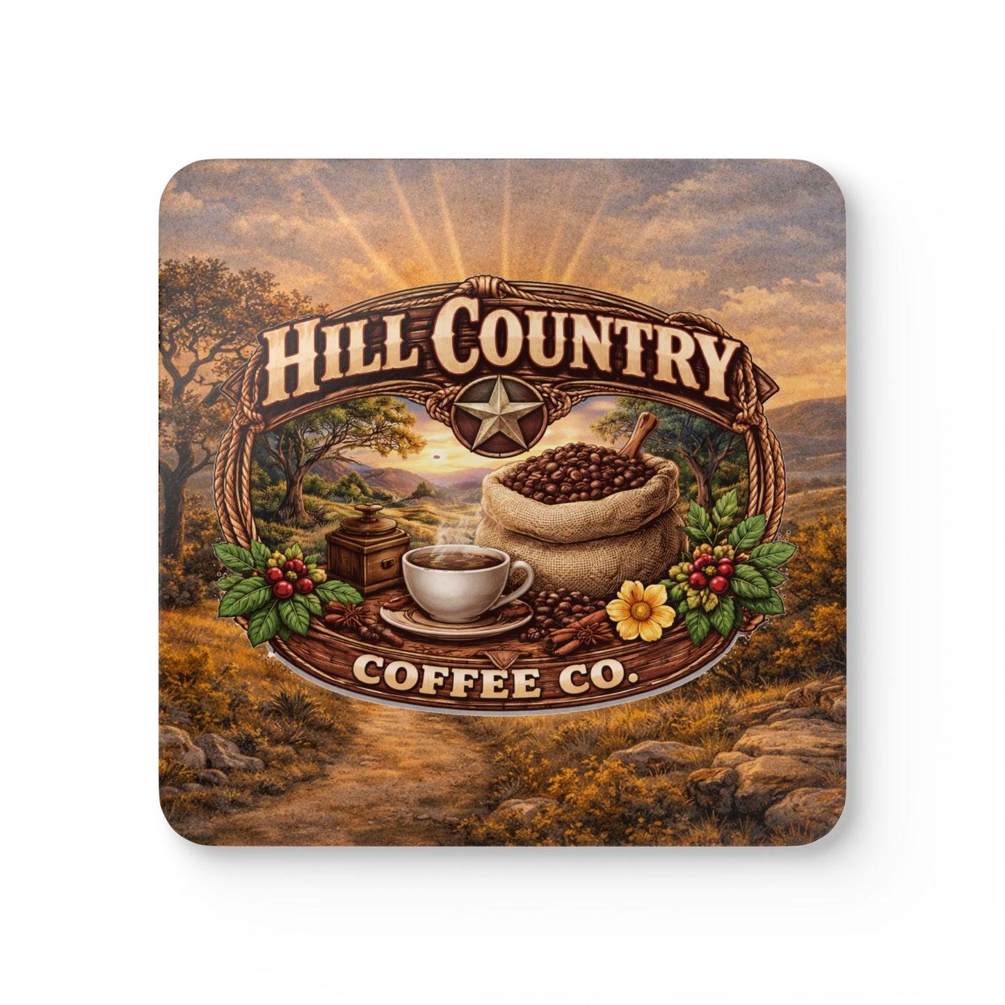 Hill Country Coffee Coaster Set — Calming Hill Country Backdrop (Office & Home) _V2