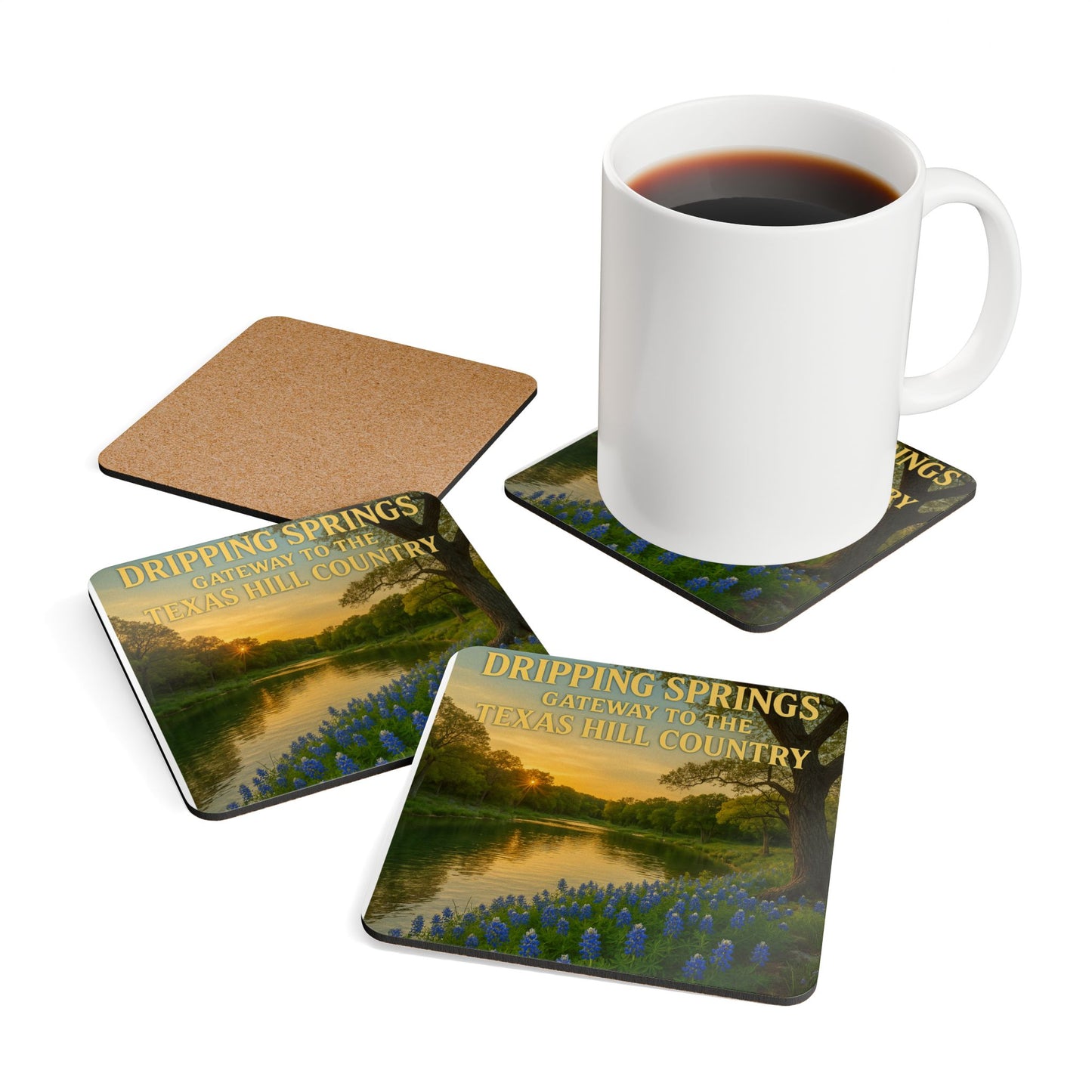 Dripping Springs Texas Hill Country Cork Coaster Set — Scenic Bluebonnet River Design