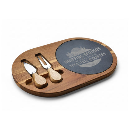 Engraved Acacia Charcuterie Board with Slate Inlay & Cheese Tools — Personalized Hostess Gift