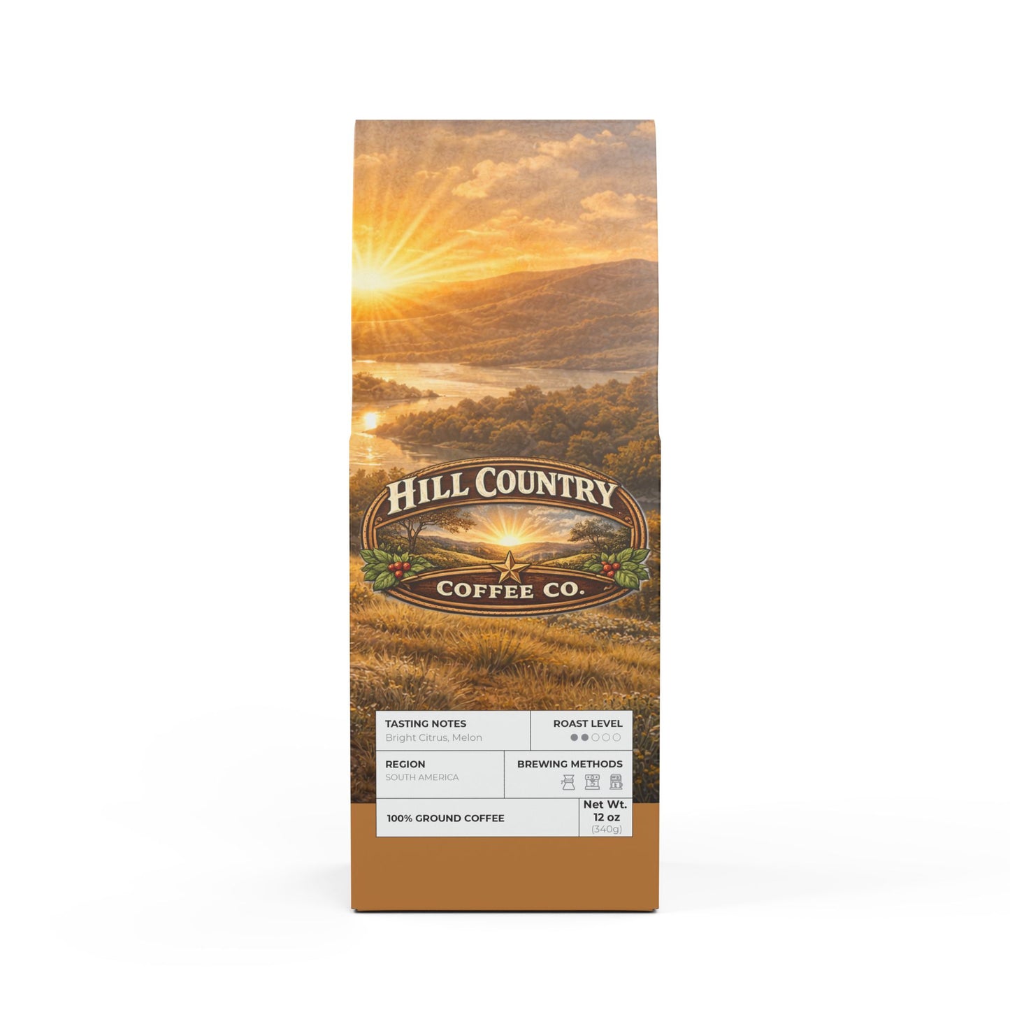 Hill Country Coffee Co. packaging with a scenic design on a white background