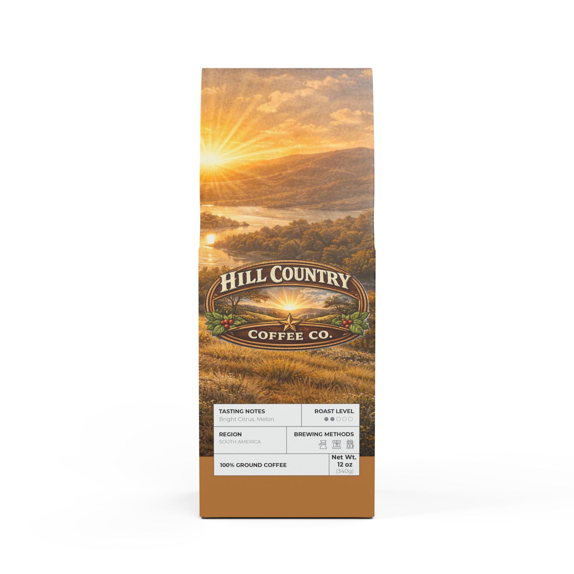Hill Country Coffee Co. packaging with a scenic design on a white background