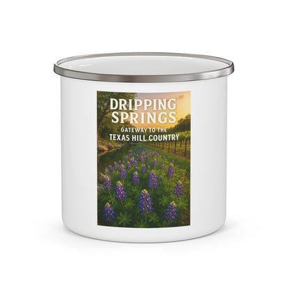 Vineyards Dripping Springs Enamel Camping Mug — Texas Hill Country Scenic Campfire Cup