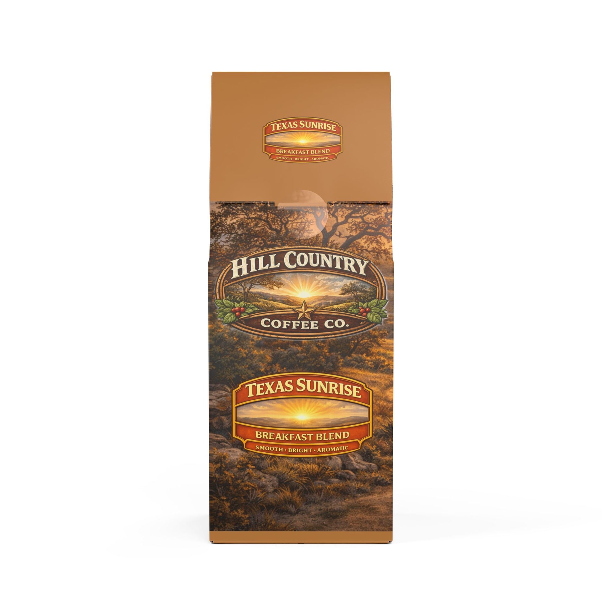 Hill Country Coffee Co. Texas Sunrise Breakfast Blend coffee package on a white background