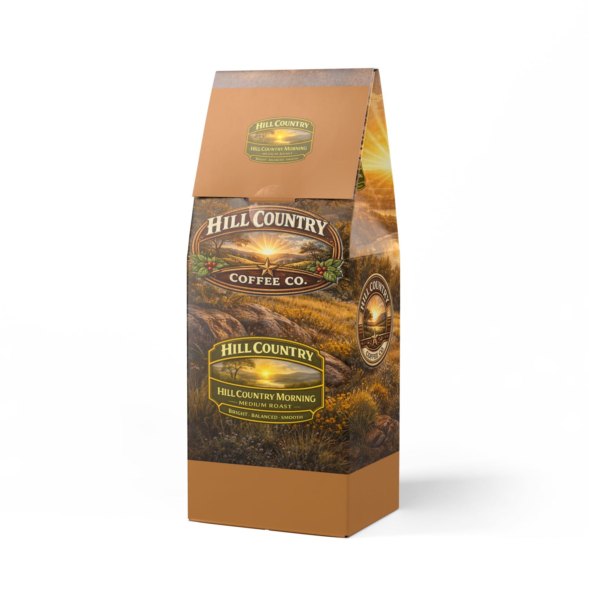 Hill Country Coffee Co. coffee bag with scenic design on a white background
