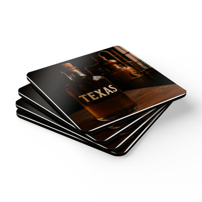 Texas Whiskey Cork Coaster Set — Rustic Bar Drink Coasters (4-Pack)