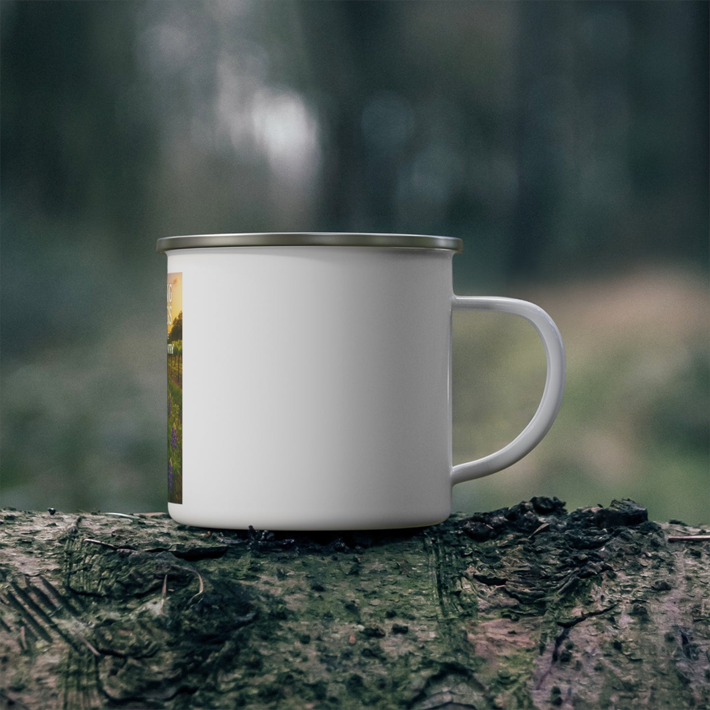 Vineyards Dripping Springs Enamel Camping Mug — Texas Hill Country Scenic Campfire Cup