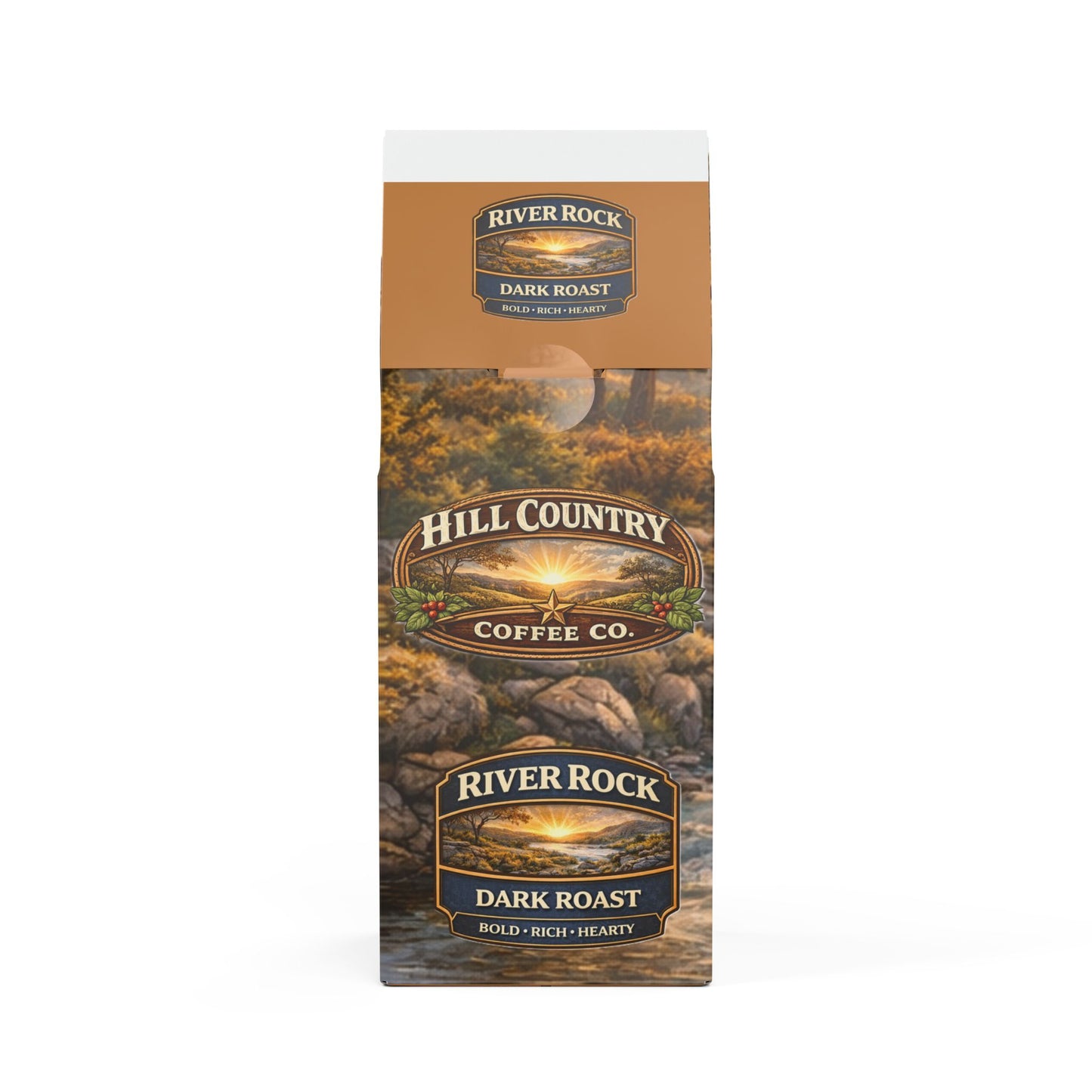 Hill Country Coffee Co. River Rock Dark Roast coffee package on a white background
