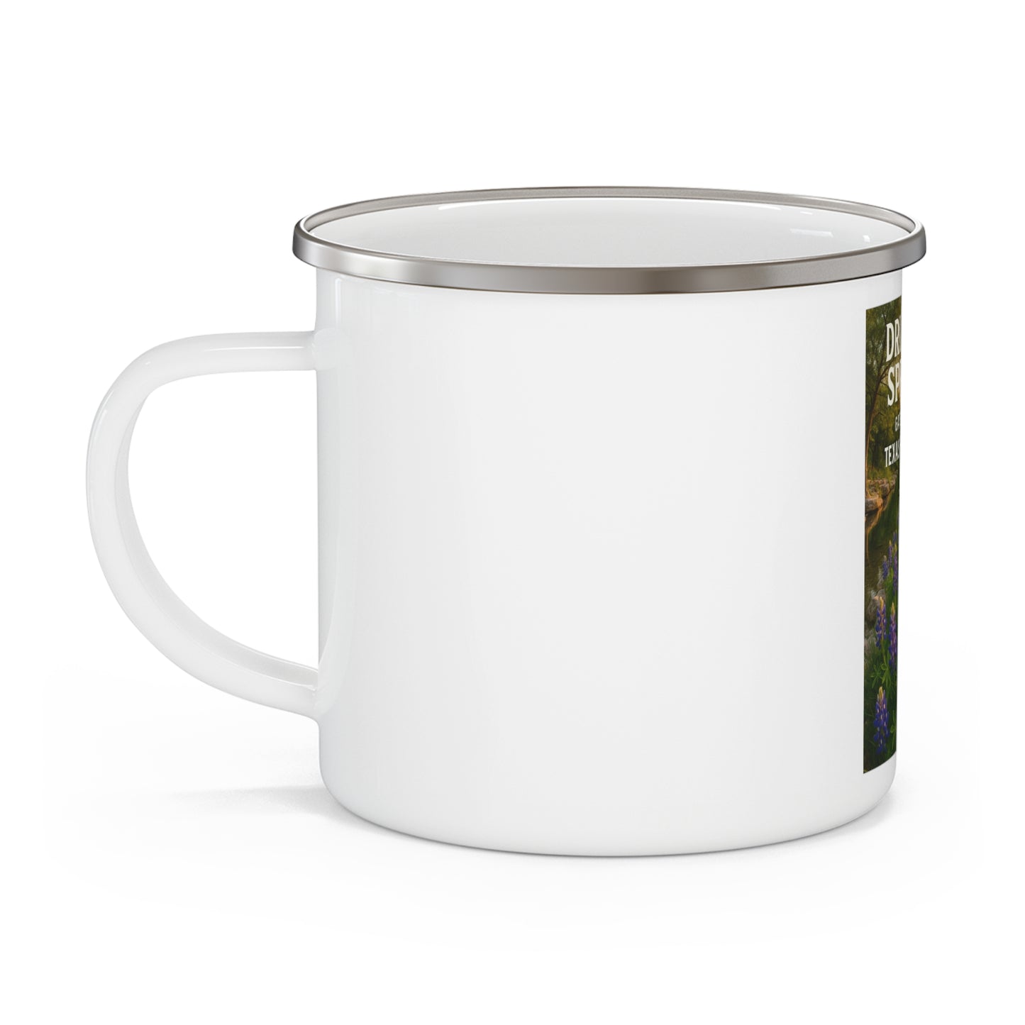 Vineyards Dripping Springs Enamel Camping Mug — Texas Hill Country Scenic Campfire Cup