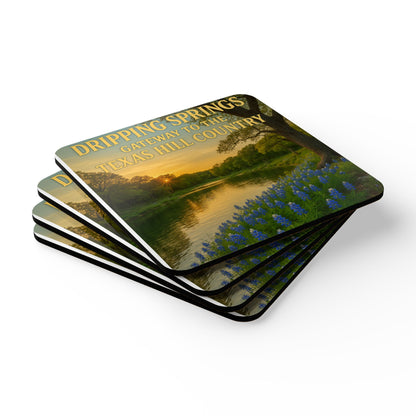 Dripping Springs Texas Hill Country Cork Coaster Set — Scenic Bluebonnet River Design