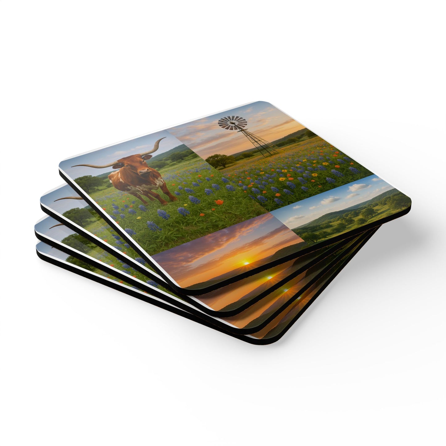Texas Coaster Set — Hill Country Longhorn & Windmill Cork Drink Coasters
