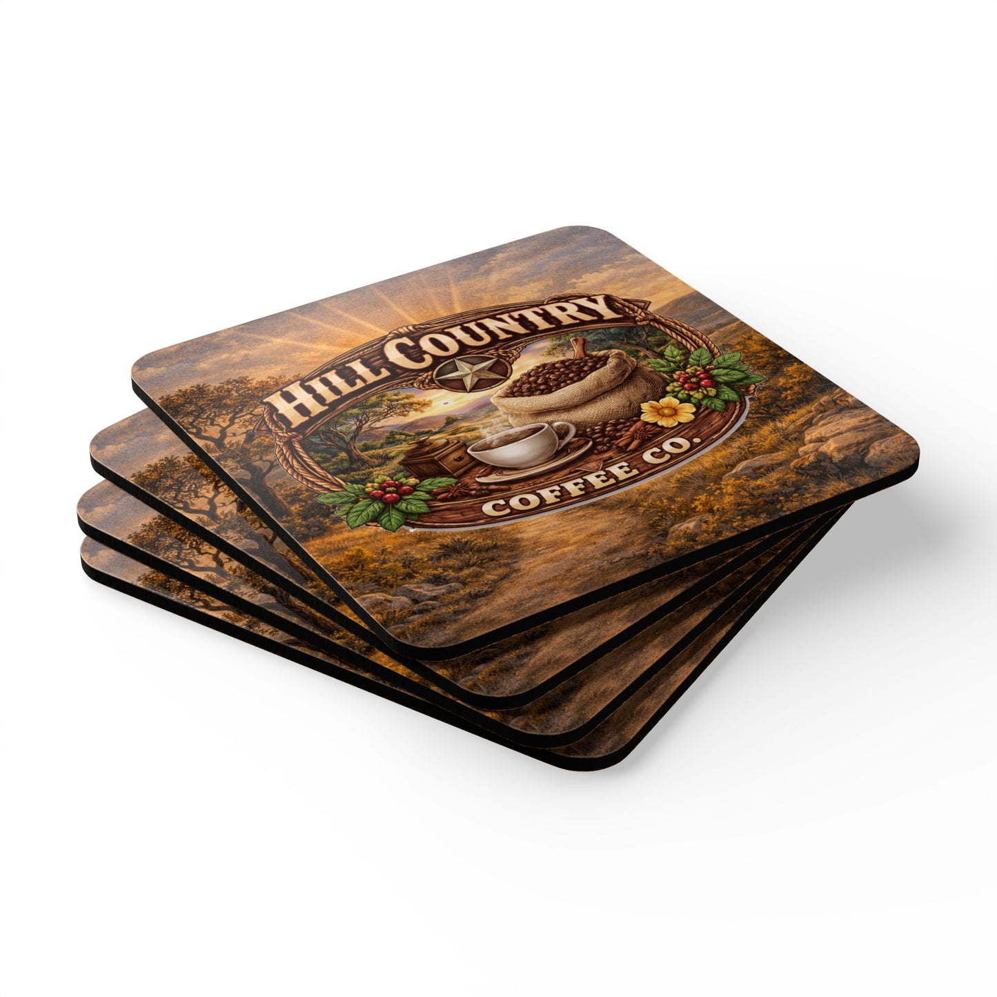 Hill Country Coffee Coaster Set — Calming Hill Country Backdrop (Office & Home) _V2