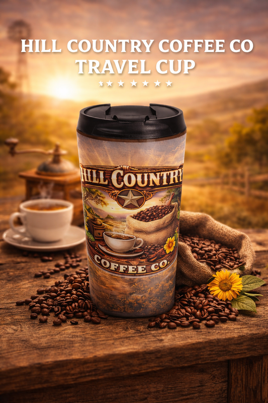 Stainless Steel Travel Mug — Scenic Hill Country Morning Design