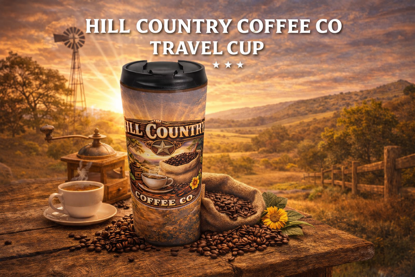 Stainless Steel Travel Mug — Scenic Hill Country Morning Design