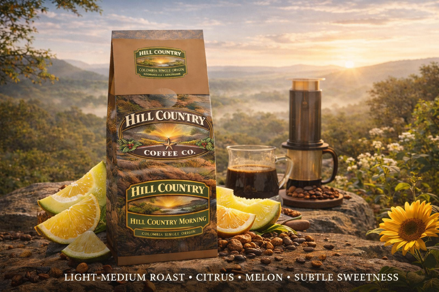 Hill Country Coffee Co. package with coffee and lemon slices on a scenic background
