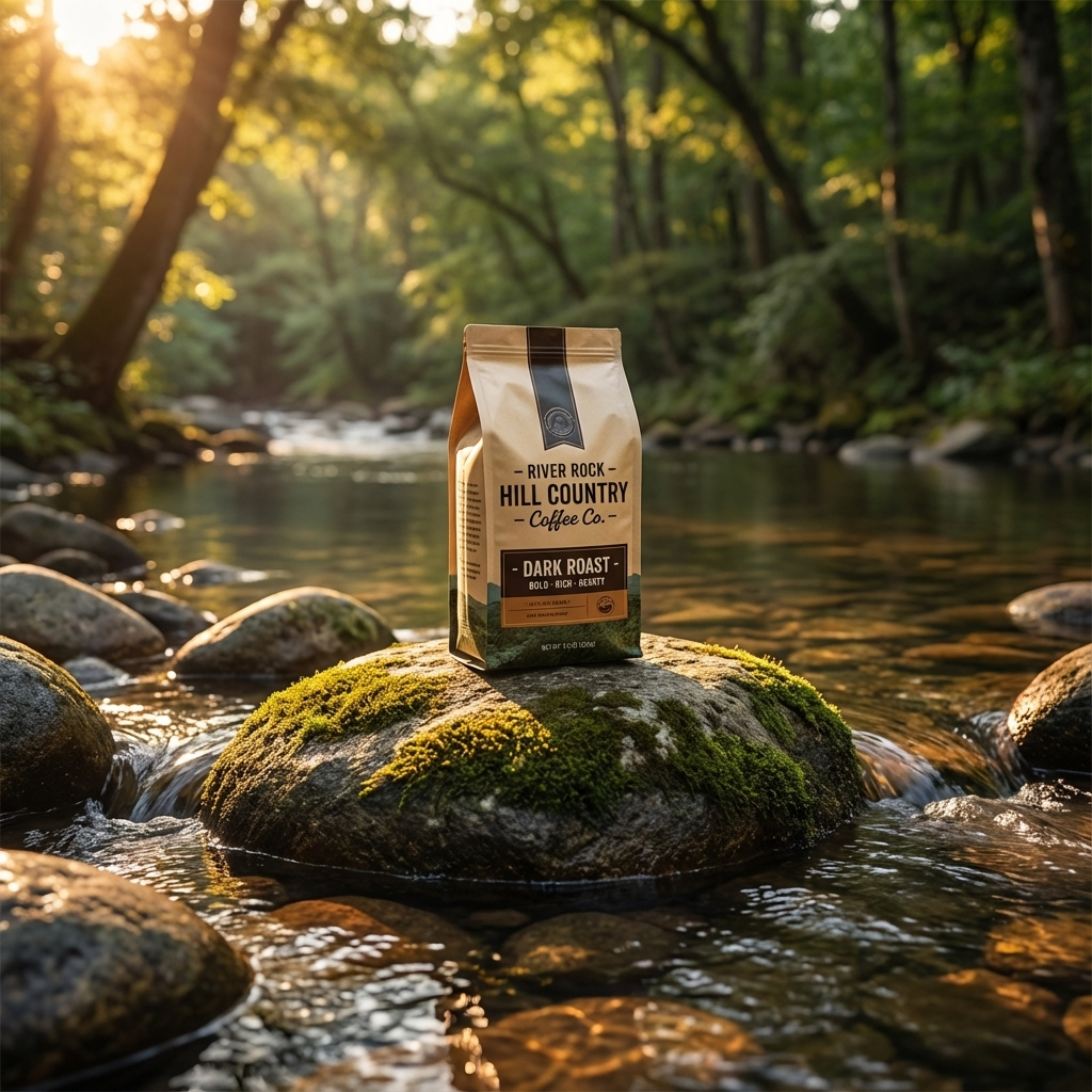 River Rock Hill Country Coffee Co. bag on a rock in a forest stream