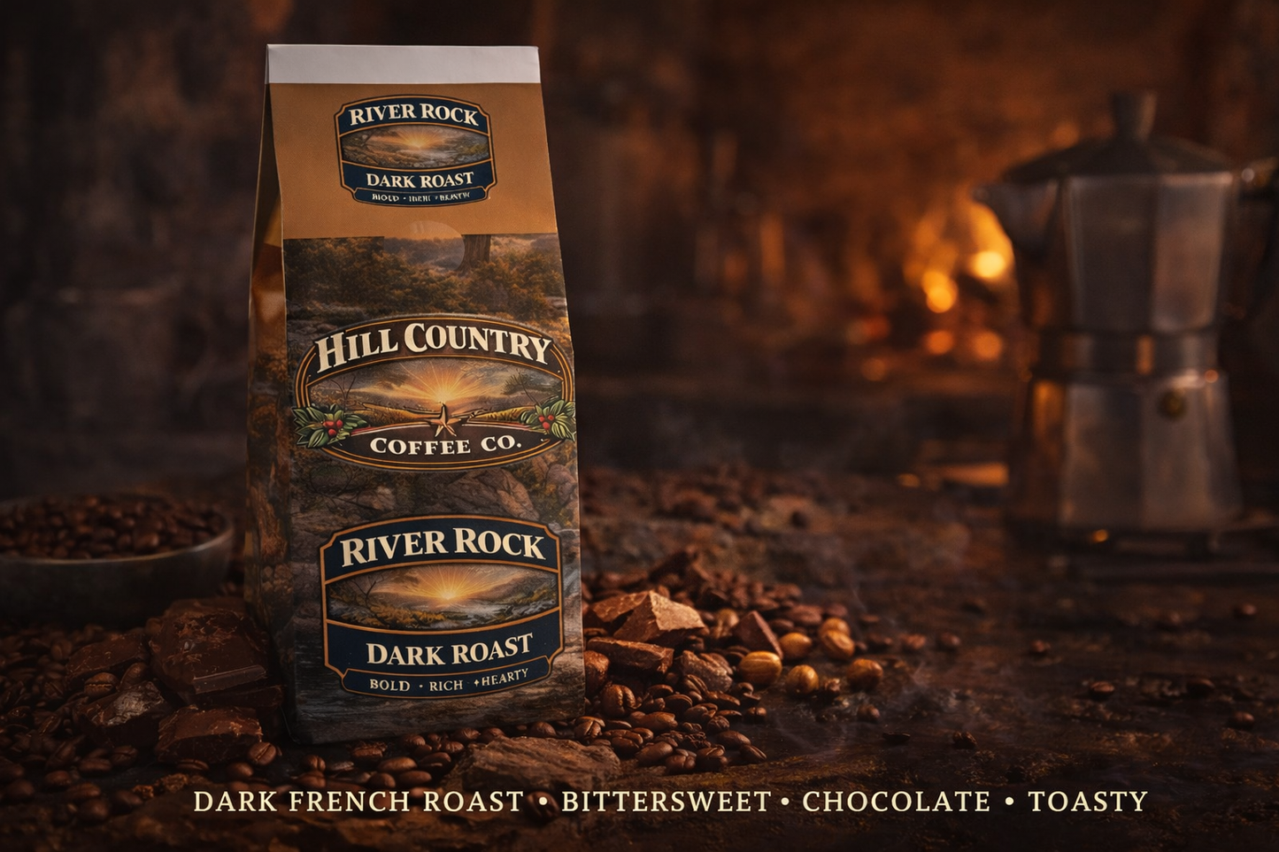 Hill Country Coffee Co. River Rock Dark Roast coffee bag with coffee beans and a coffee maker in the background.