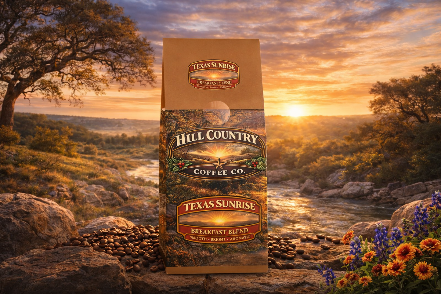 Hill Country Coffee Co. Texas Sunrise coffee bag with a scenic background of a sunset over a landscape.