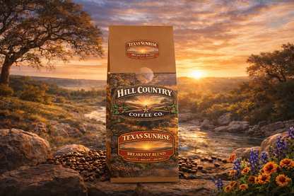Hill Country Coffee Co. Texas Sunrise coffee bag with a scenic background of a sunset over a landscape.