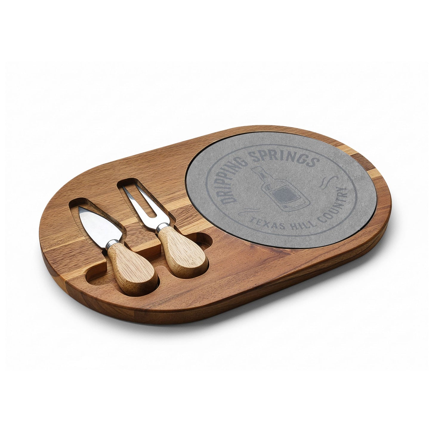Engraved Acacia Charcuterie Board with Slate Inlay & Cheese Tools — Personalized Hostess Gift