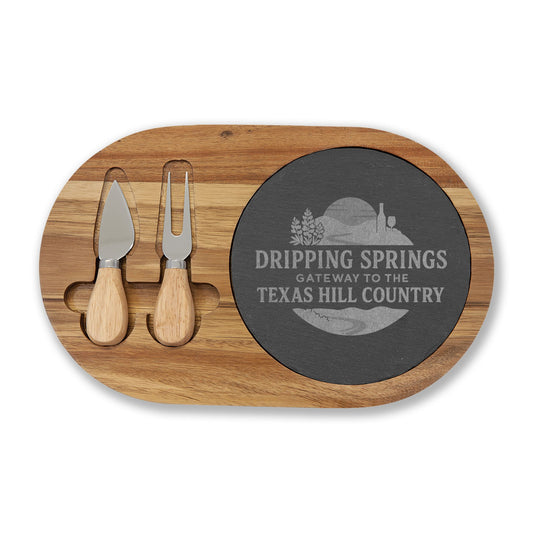 Engraved Acacia Charcuterie Board with Slate Inlay & Cheese Tools — Personalized Hostess Gift