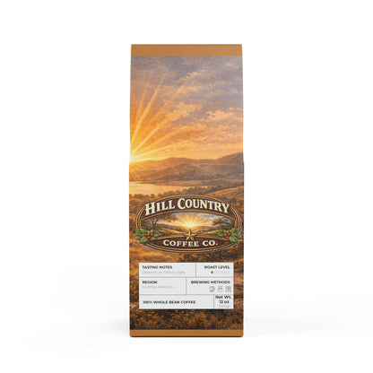 Hill Country Coffee Co. package with a scenic design on a white background