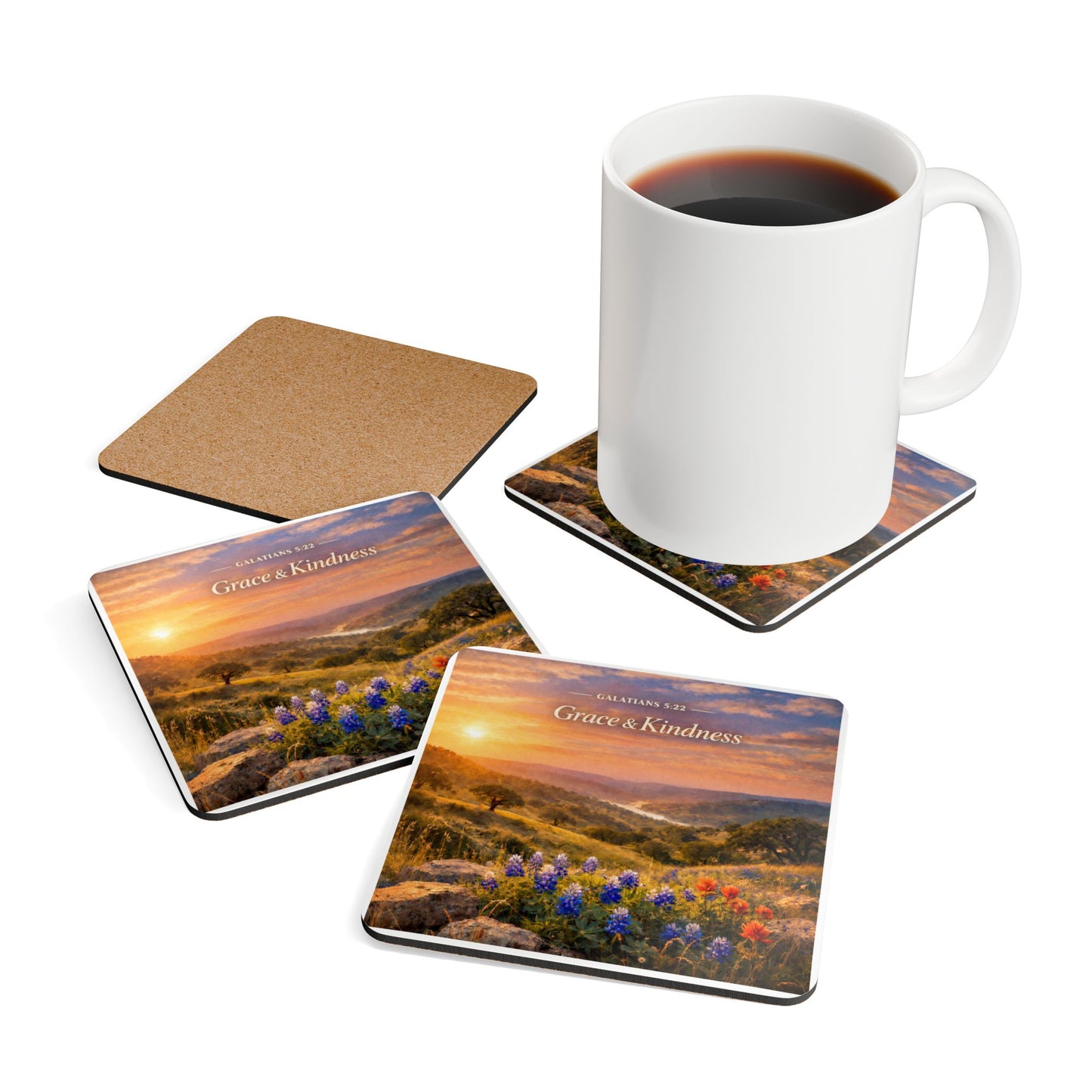 Grace & Kindness Cork Coaster Set — Galatians 5:22 Scenic Floral Drink Coasters (4-Pack)