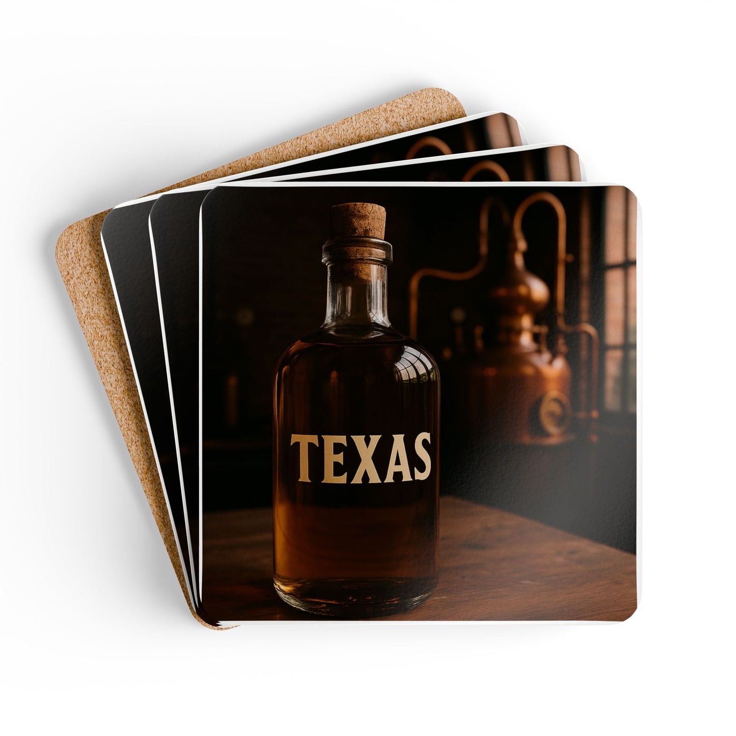 Texas Whiskey Cork Coaster Set — Rustic Bar Drink Coasters (4-Pack)