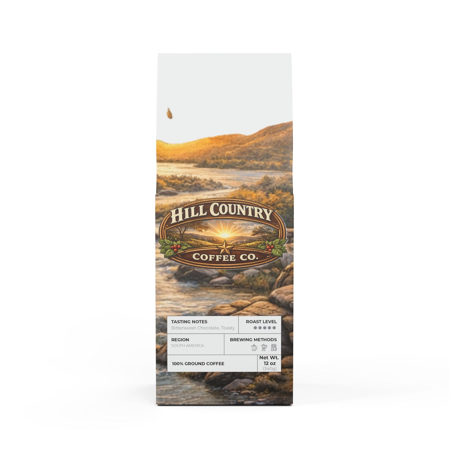 Hill Country Coffee Co. packaging with scenic design on a white background