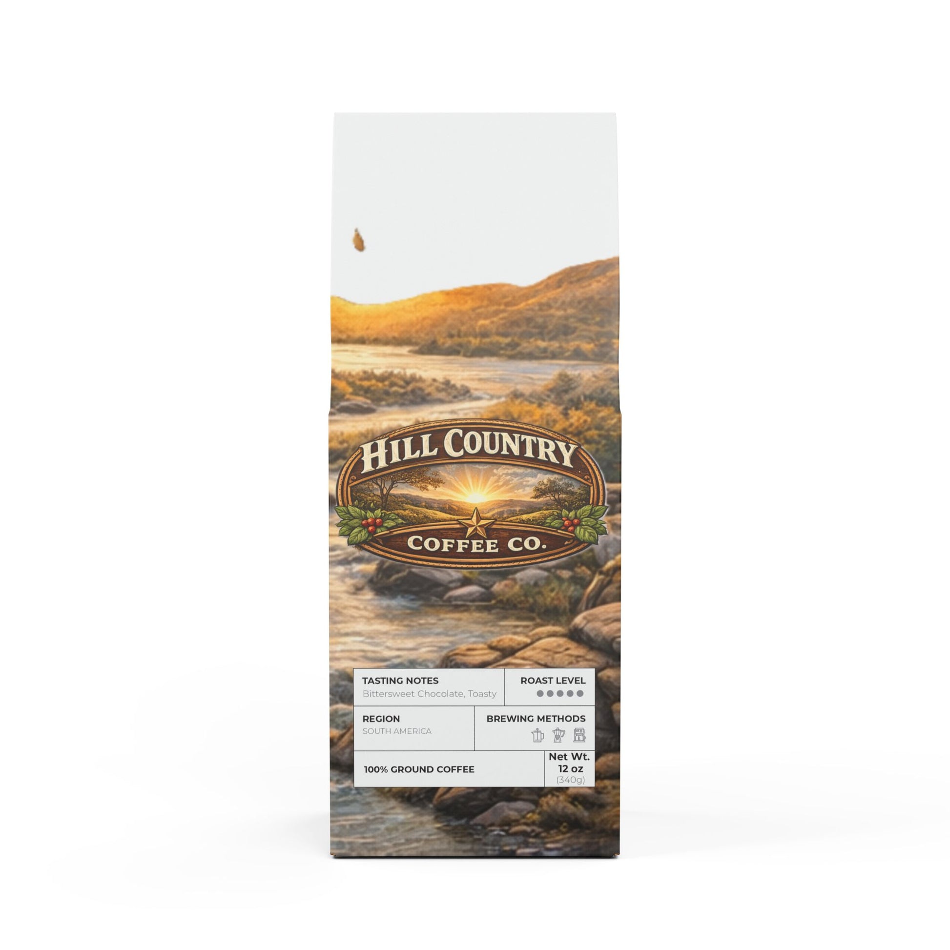 Hill Country Coffee Co. packaging with scenic design on a white background