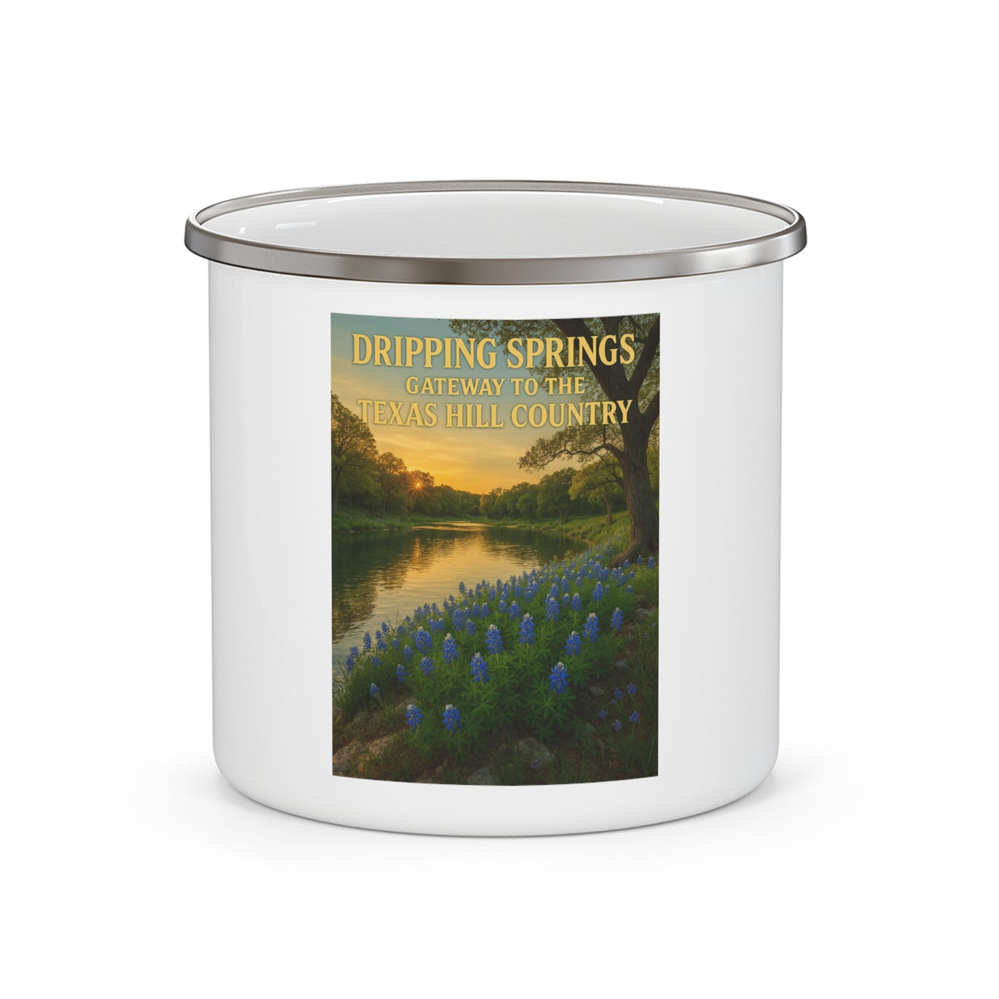 Hill Country Rivers Enamel Camping Mug — Texas Hill Country Scenic Campfire Cup