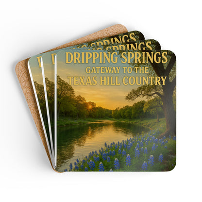 Dripping Springs Texas Hill Country Cork Coaster Set — Scenic Bluebonnet River Design