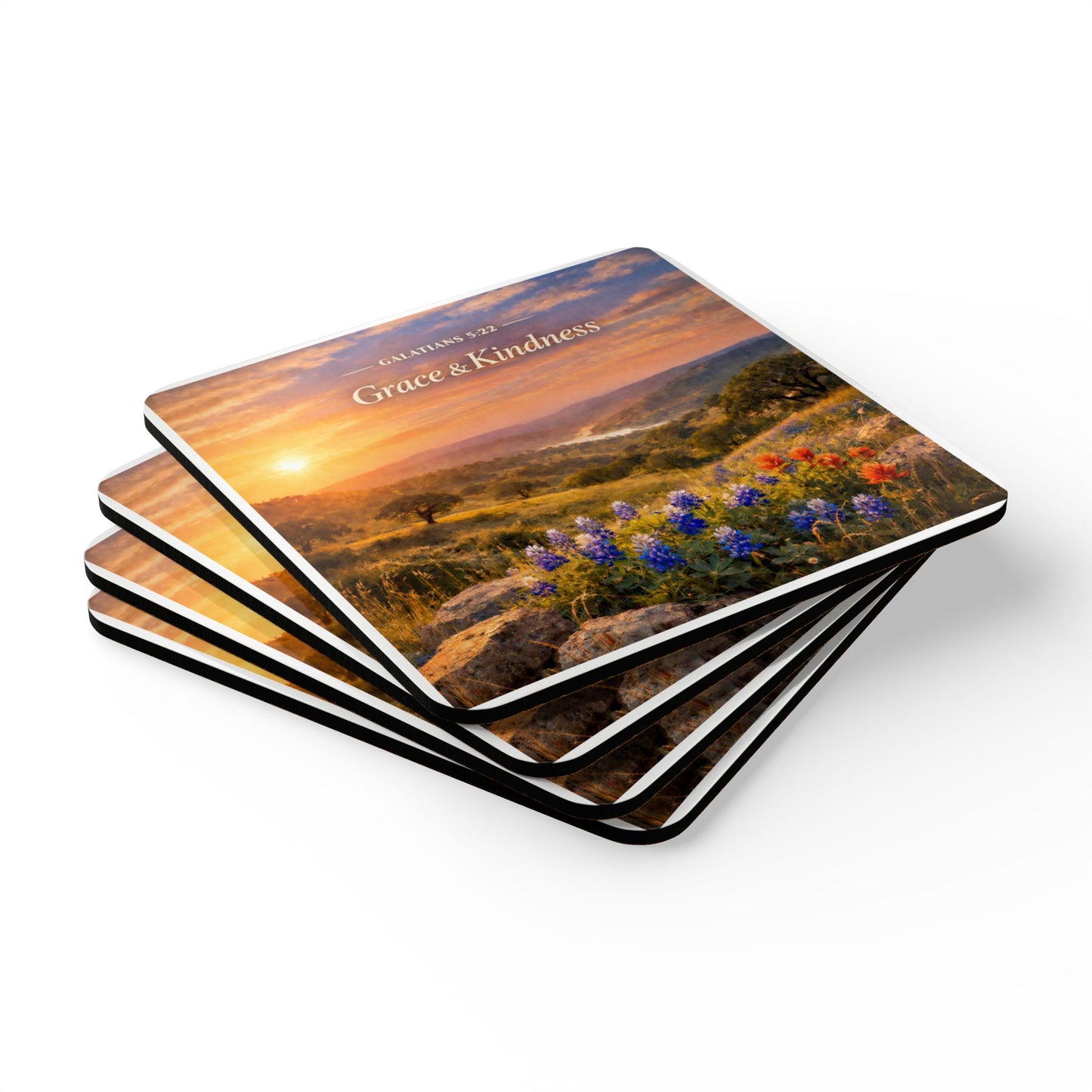 Grace & Kindness Cork Coaster Set — Galatians 5:22 Scenic Floral Drink Coasters (4-Pack)
