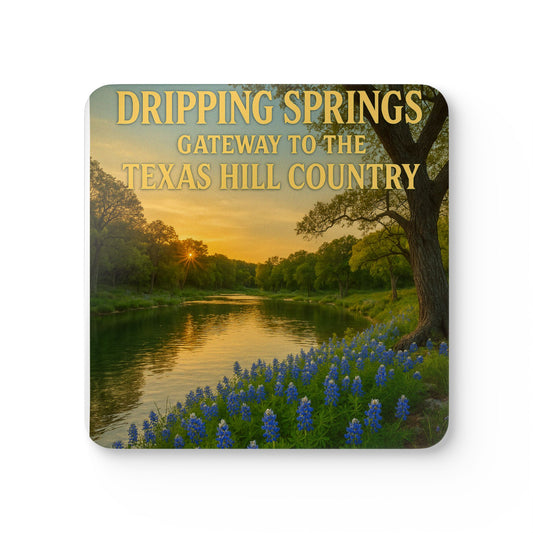 Dripping Springs Texas Hill Country Cork Coaster Set — Scenic Bluebonnet River Design