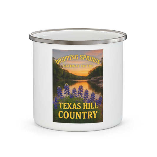 Hill Country Rivers Enamel Camping Mug — Texas Hill Country Scenic Campfire Cup