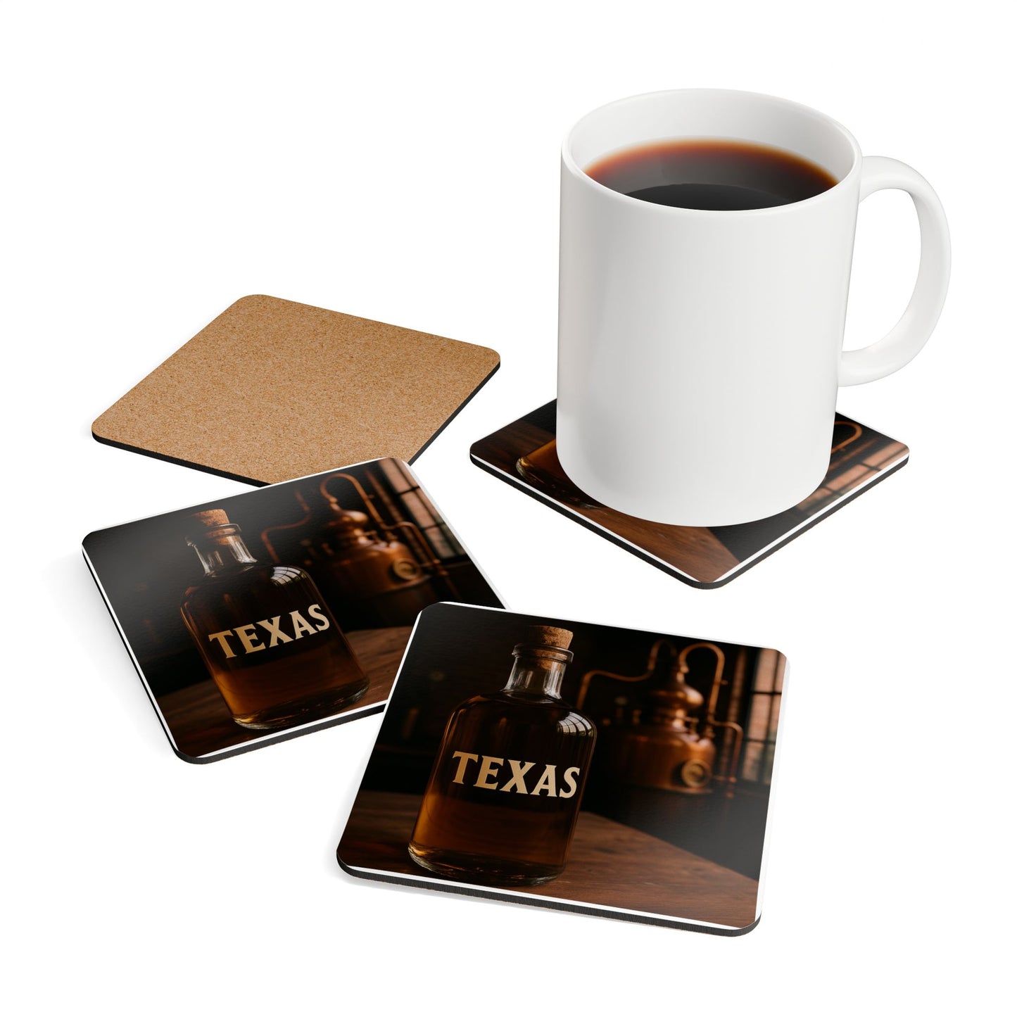 Texas Whiskey Cork Coaster Set — Rustic Bar Drink Coasters (4-Pack)