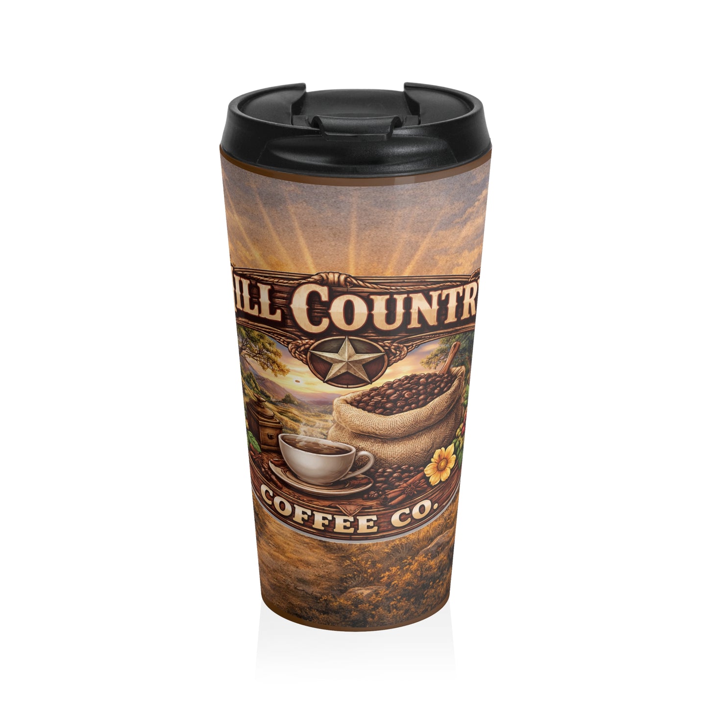 Stainless Steel Travel Mug — Scenic Hill Country Morning Design