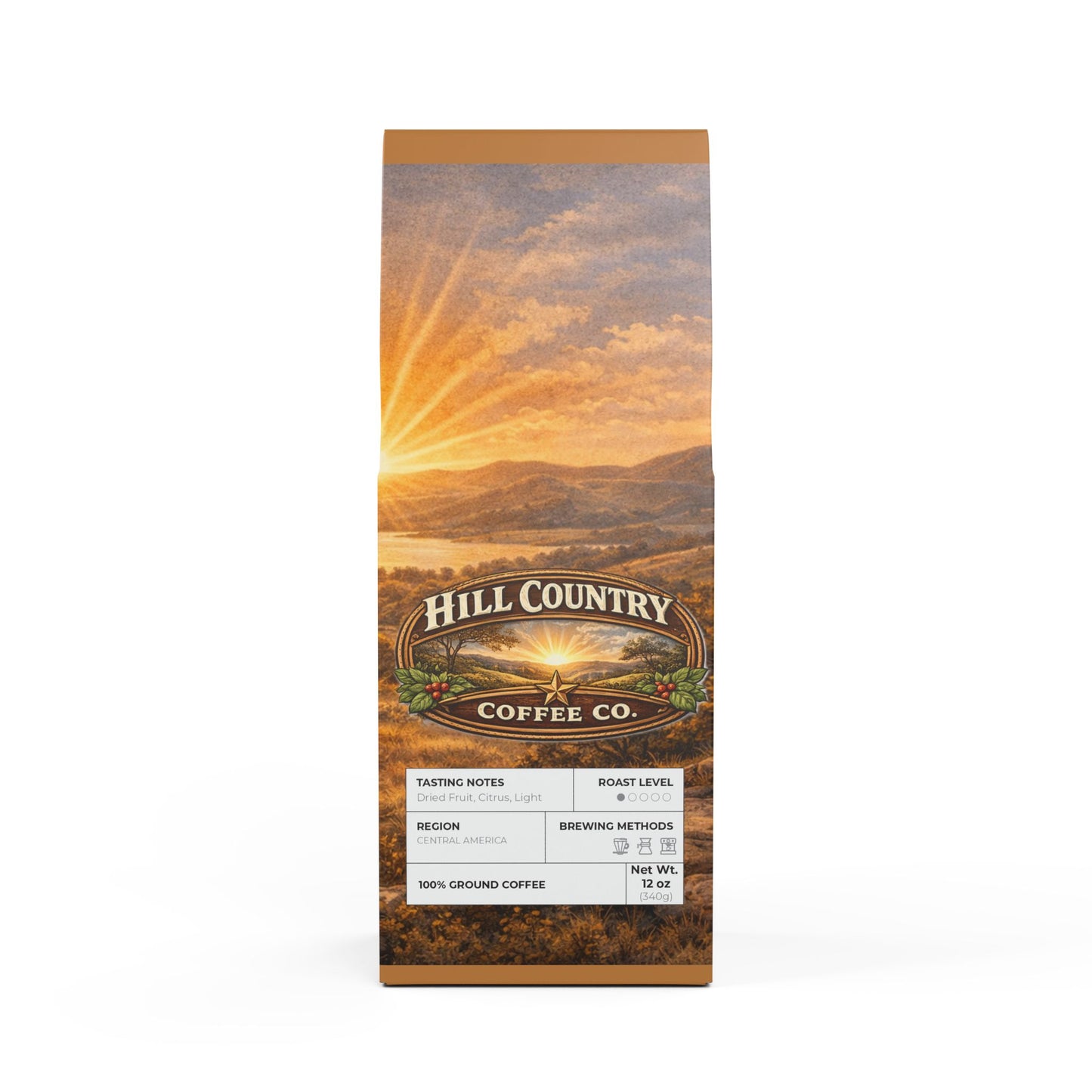 Hill Country Coffee Co. coffee package with a scenic design on a white background