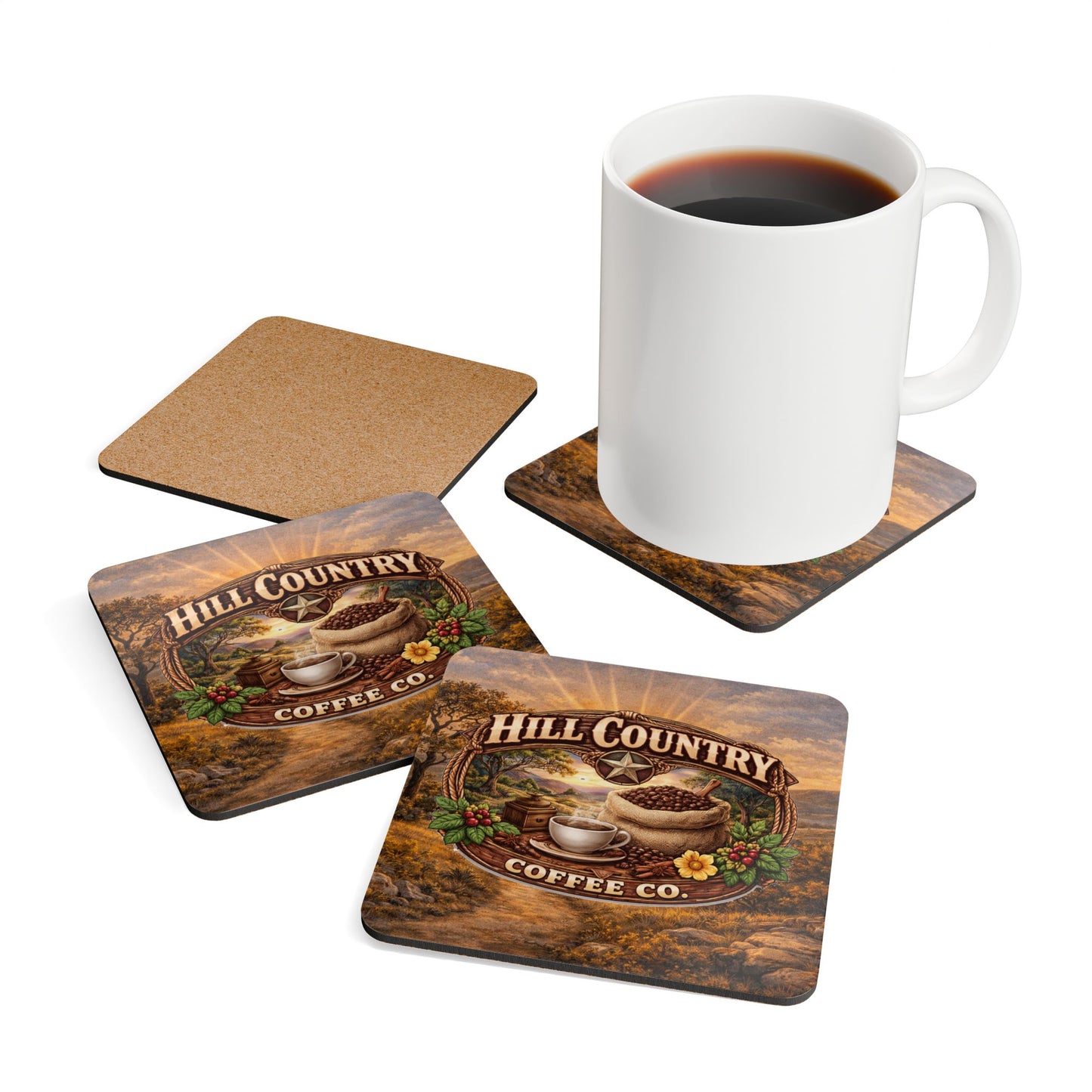 Hill Country Coffee Coaster Set — Calming Hill Country Backdrop (Office & Home) _V2